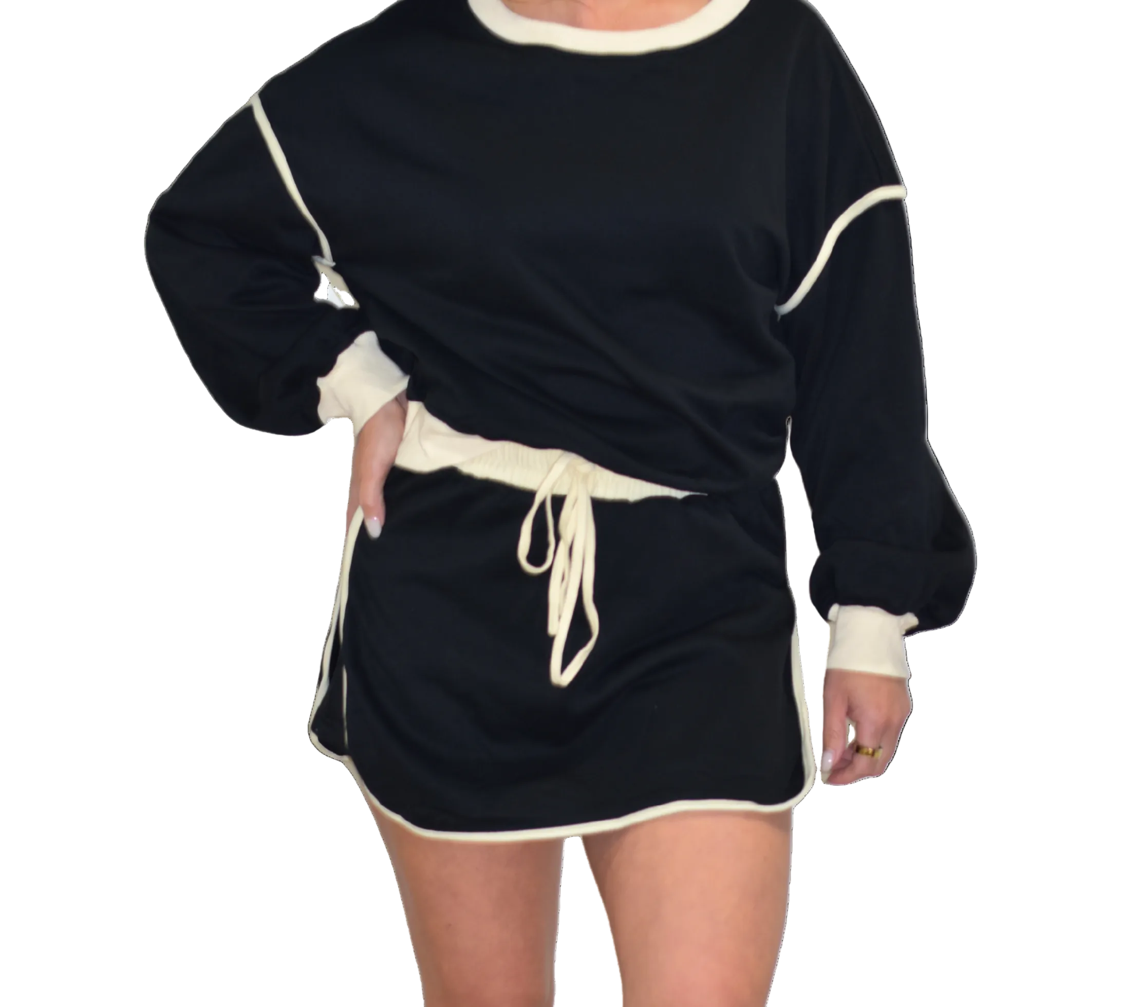 Black Oversized Pullover & High-Waisted Drawstring Skort Set