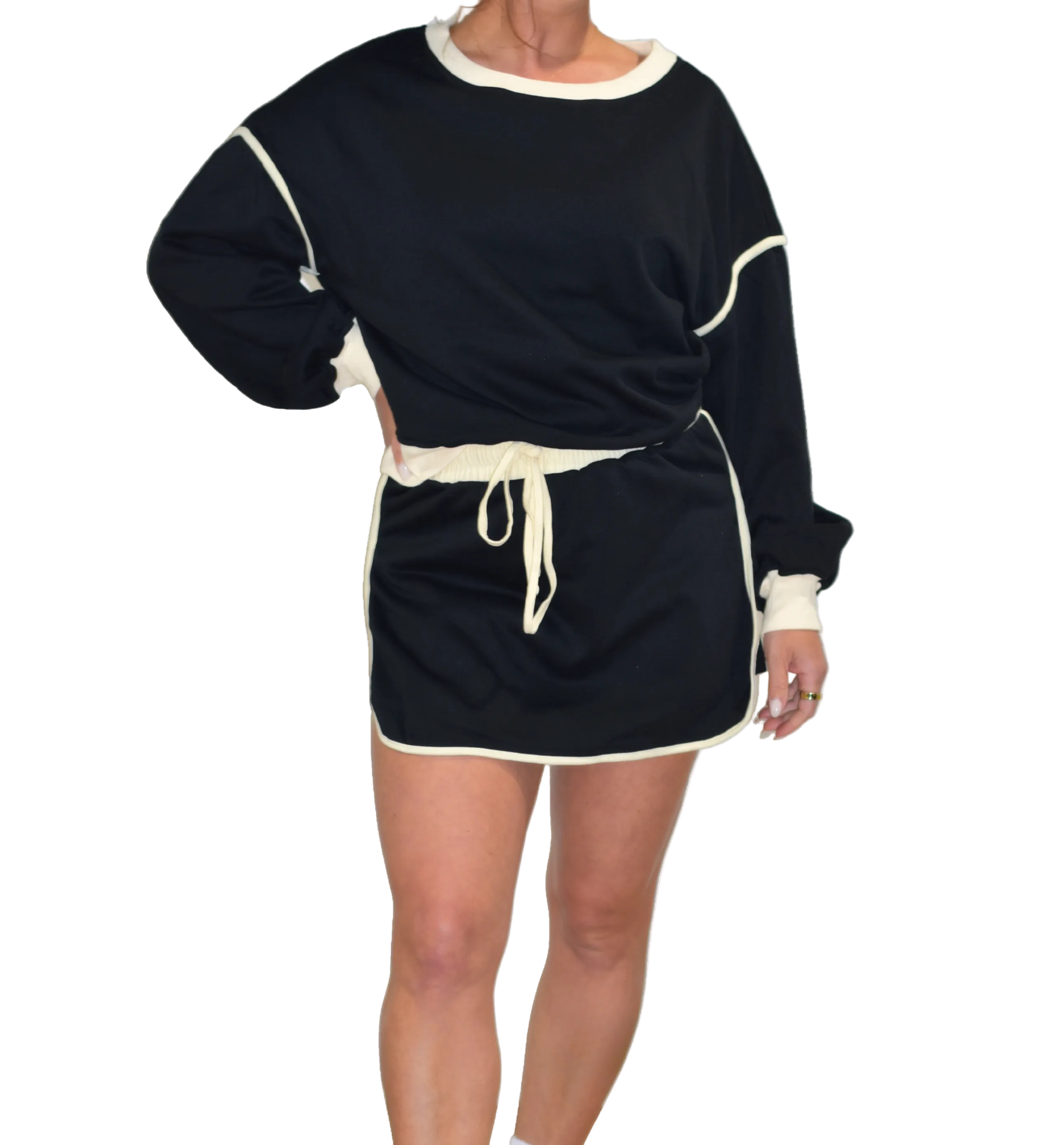 Black Oversized Pullover & High-Waisted Drawstring Skort Set
